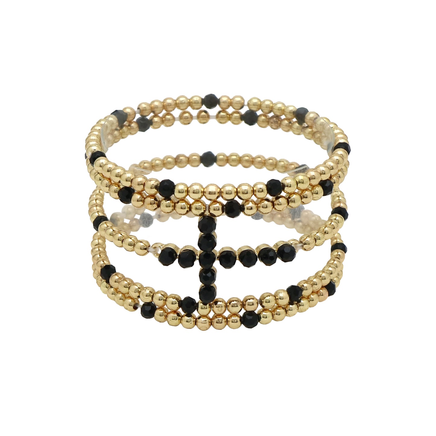 Gold Beaded and Black Cross Set of 5 Stretch Bracelets