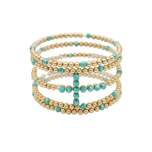 Gold Beaded and Turquoise Cross Set of 5 Stretch Bracelets