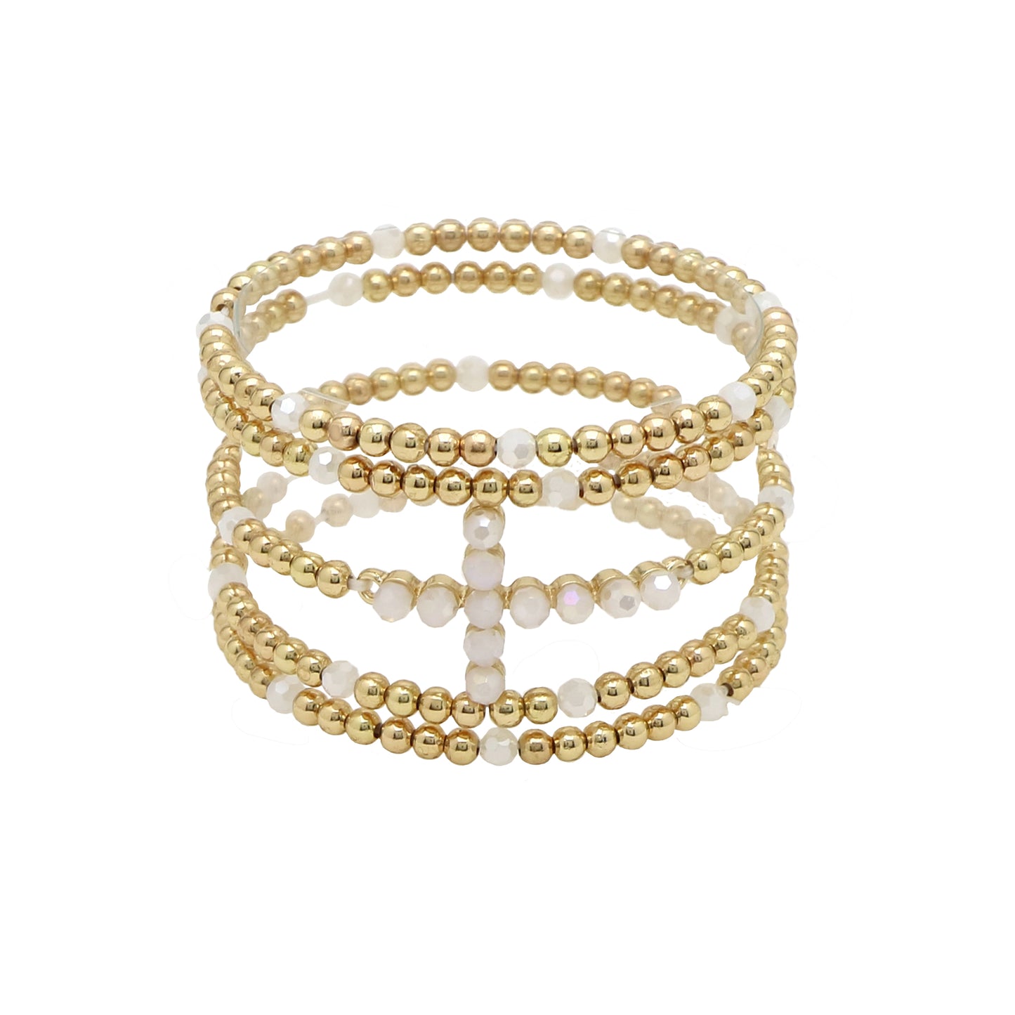 Gold Beaded and White Cross Set of 5 Stretch Bracelets