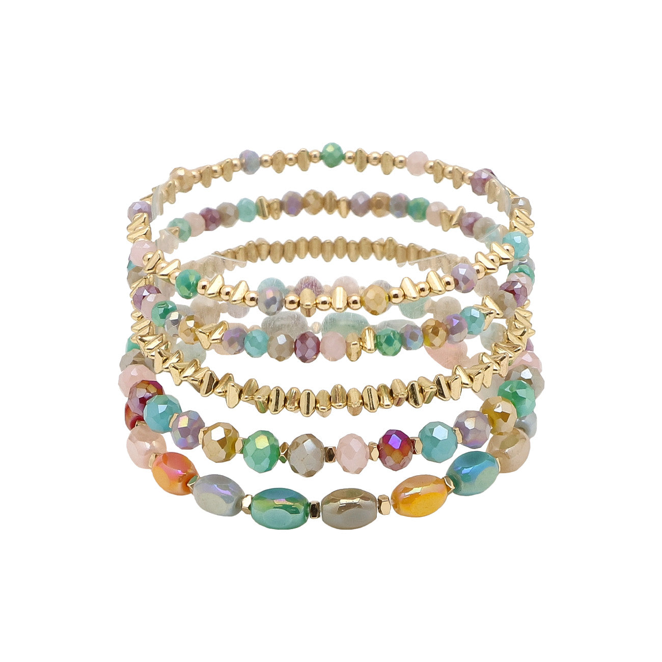 Multi Crystal and Gold Set of 5 Beaded Stretch Bracelet