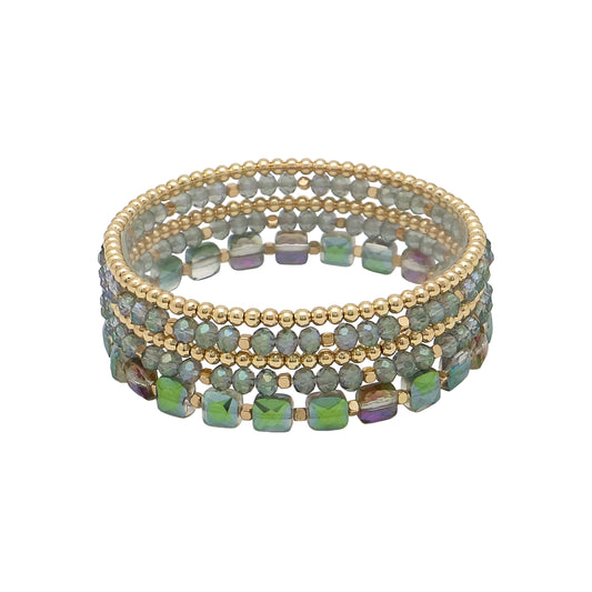 Green Iridescent Crystal and Gold Set of 5 Stretch Bracelets