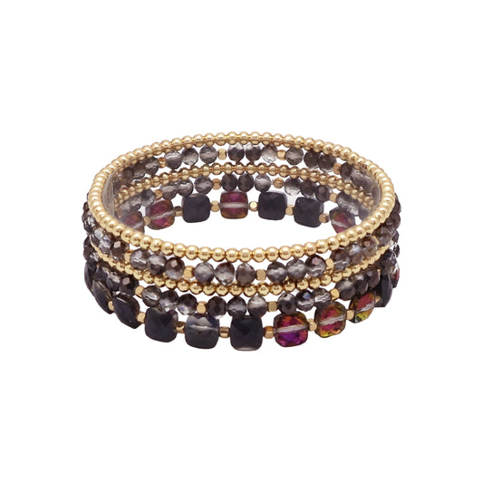 Black Iridescent Crystal and Gold Set of 5 Stretch Bracelets