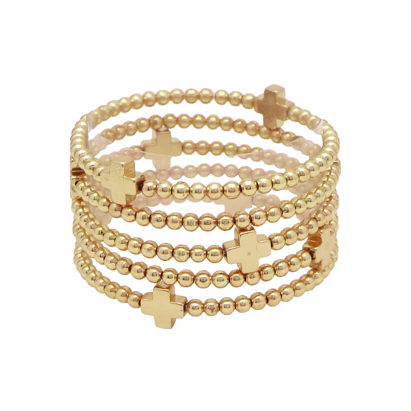 Gold Beaded with Gold Cross Set of 5 Stretch Bracelets