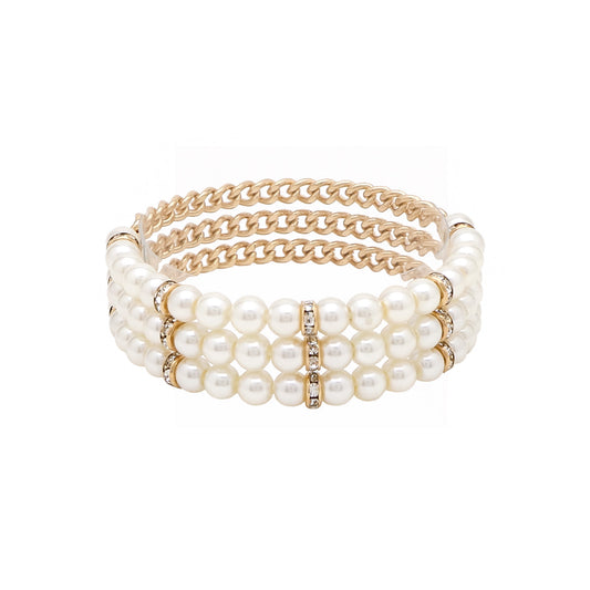 Gold Beaded and 5mm Pearl with Chain Set of 3 Stretch Bracelets