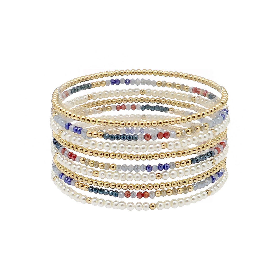 What's Hot - Flat Beaded Gold, Pearl, and White Crystal Set of 5 Stretch Bracelets main image 1