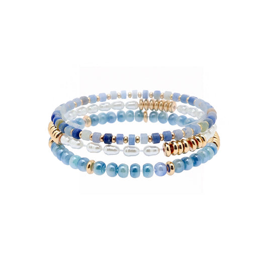 Blue "Candy" Beaded Bracelets and Pearl Set of 3 Stretch Bracelets