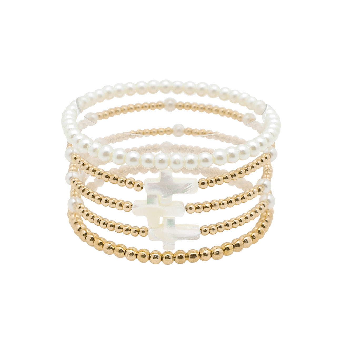 What's Hot - Flat Beaded Gold, Pearl, and White Crystal Set of 5 Stretch Bracelets main image 0