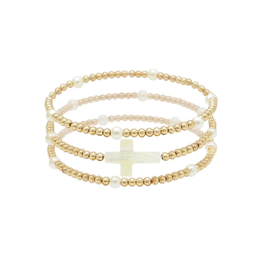 Gold Beaded and White Stone Cross Set of 3 Stretch Bracelets