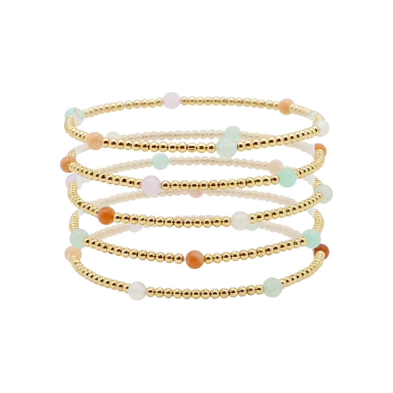 Set of 5 Light Multi Stone and Gold Stretch Bracelet