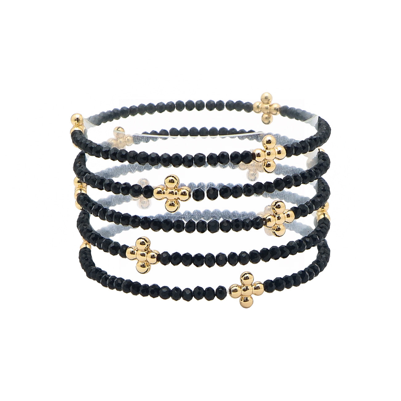 Set of 5 Gold Cross with Black Crystal Stretch Bracelets