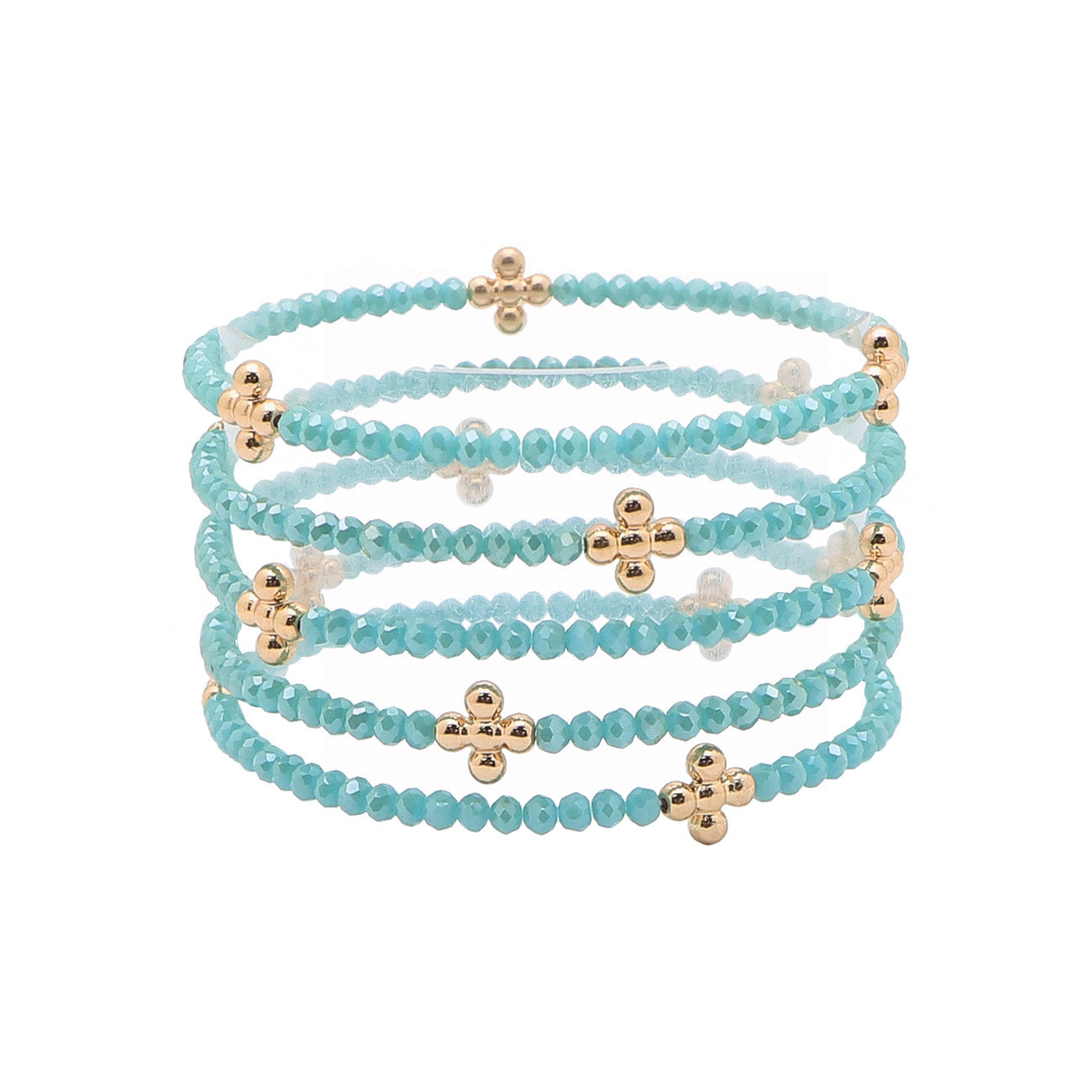 Set of 5 Gold Cross with Turquoise Crystal Stretch Bracelets