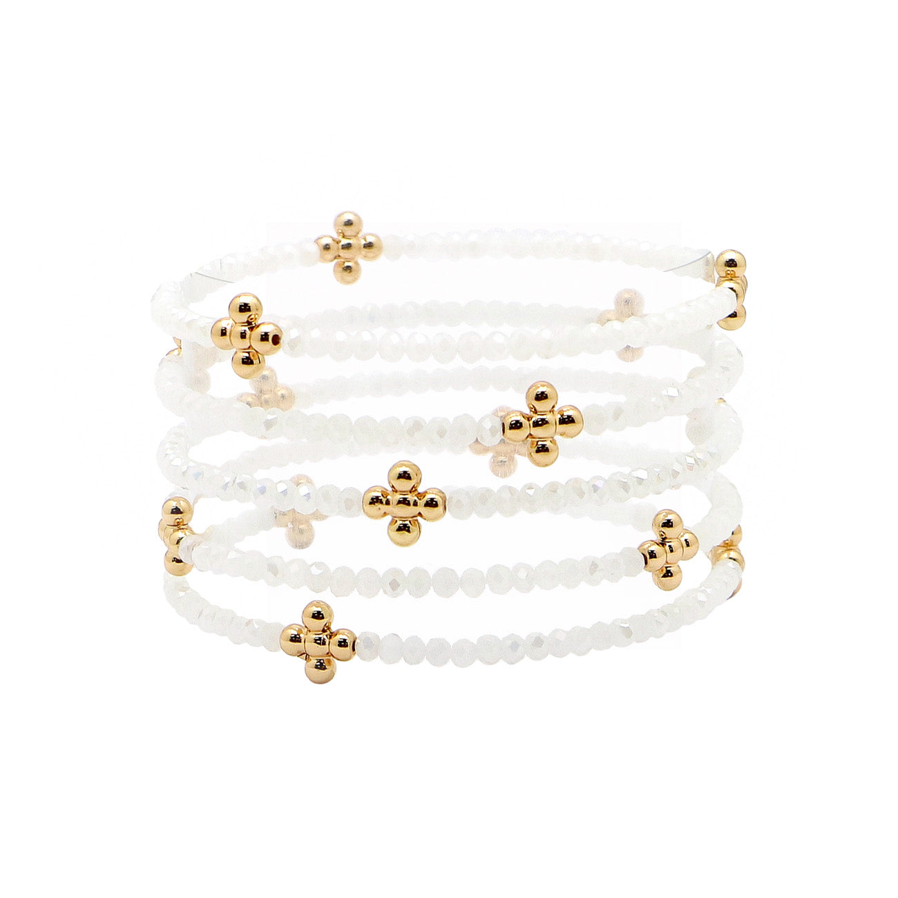 Set of 5 Gold Cross with White Crystal Stretch Bracelets