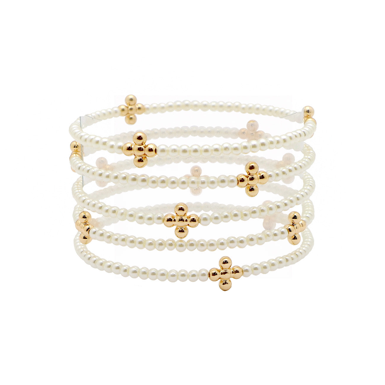 Set of 5 Gold Beaded Cross and Pearl Beaded Stretch Bracelets