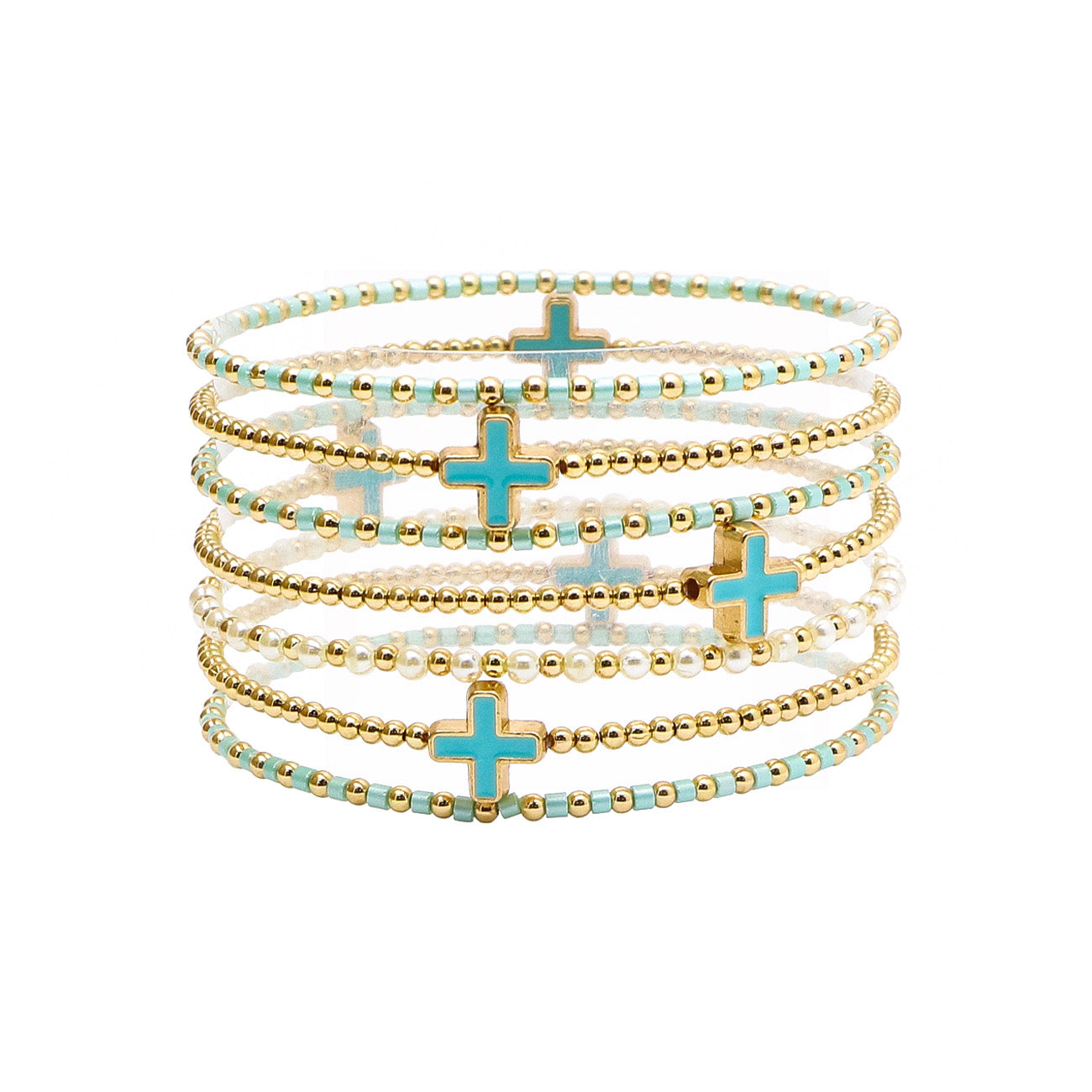 Set of 7 Turquoise Beaded Cross, Gold Beaded, and Pearl Stretch Bracelets