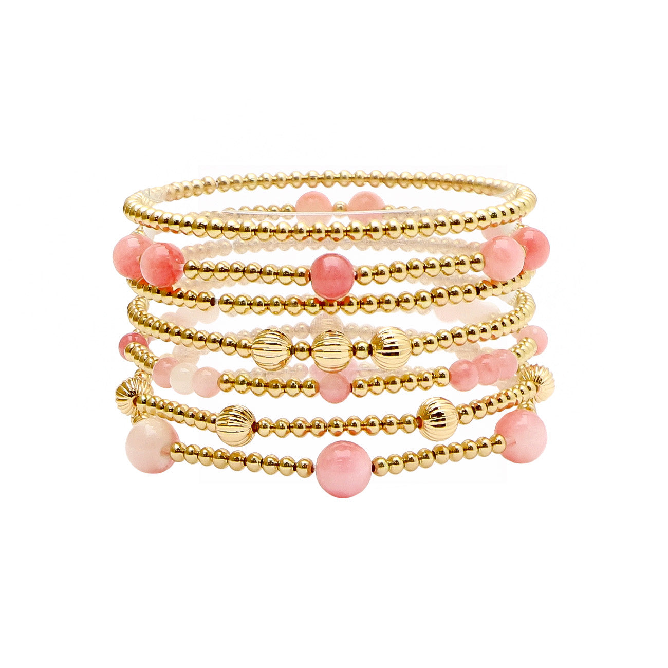 Set of 7 Pink Stone and Gold Beaded Stretch Bracelets