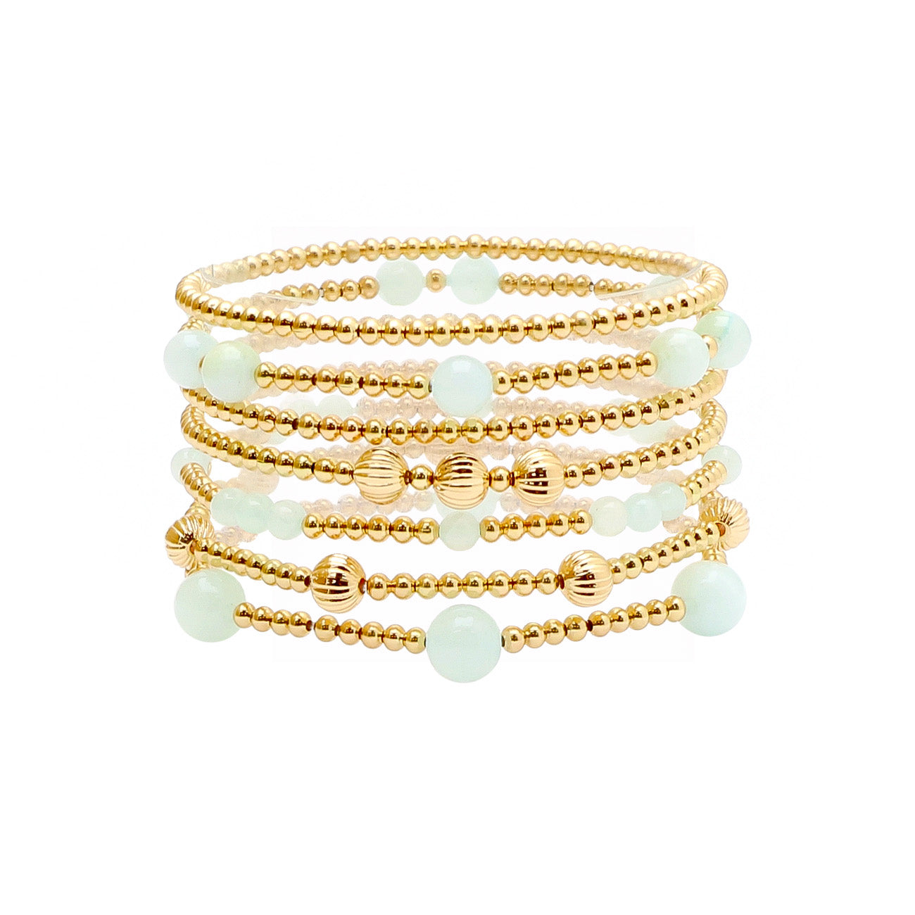 Set of 7 Mint Stone and Gold Beaded Stretch Bracelets