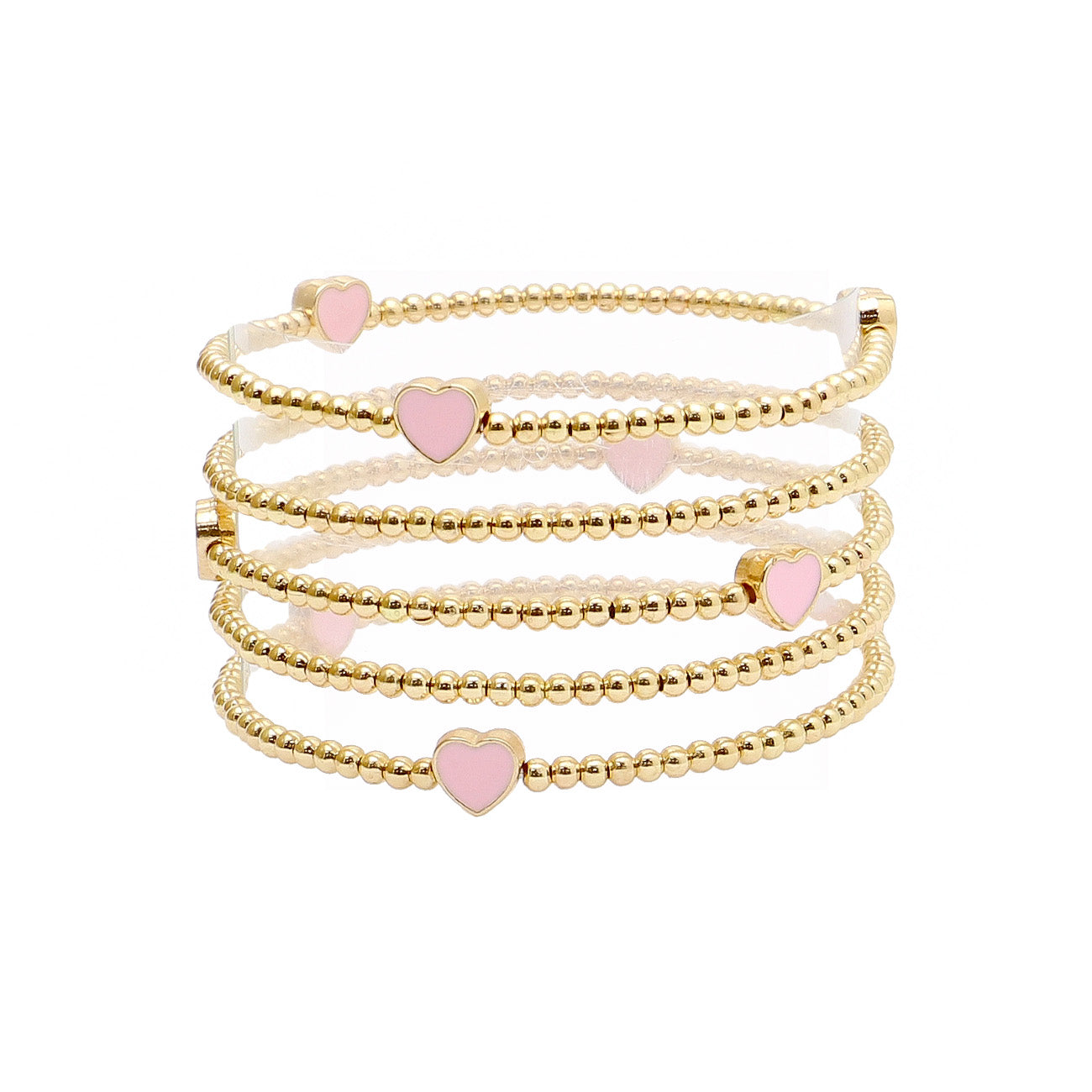 Set of 5 Pink Heart and Gold Beaded Stretch Bracelets