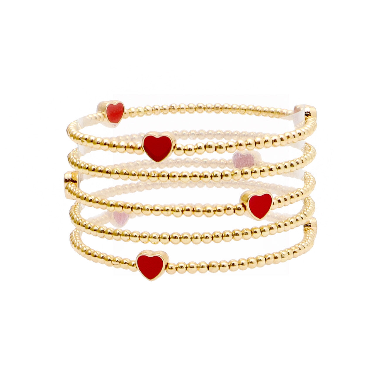 Set of 5 Red Heart and Gold Beaded Stretch Bracelets