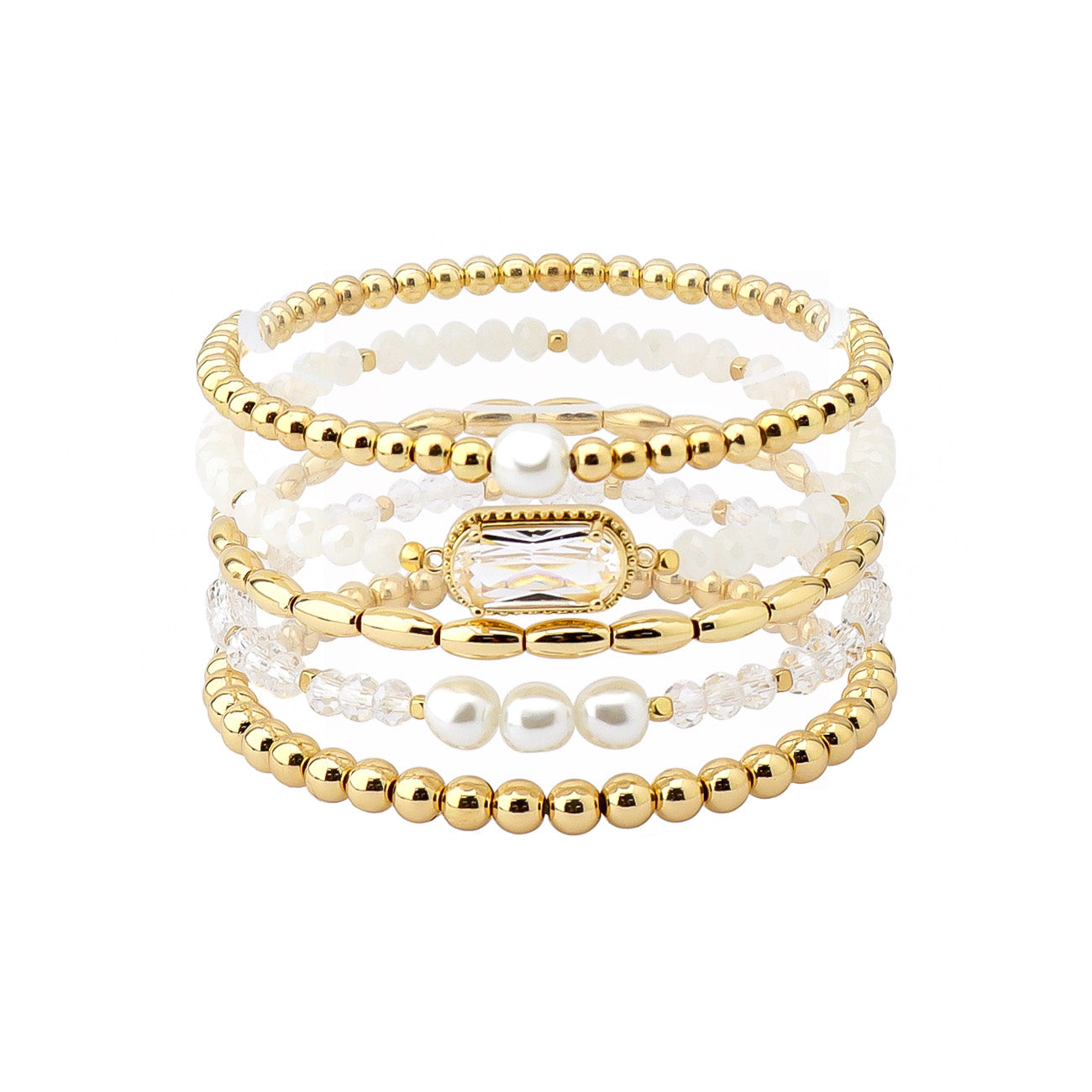 Set of 5 White Crystal, Pearl, and Gold Stretch Bracelets