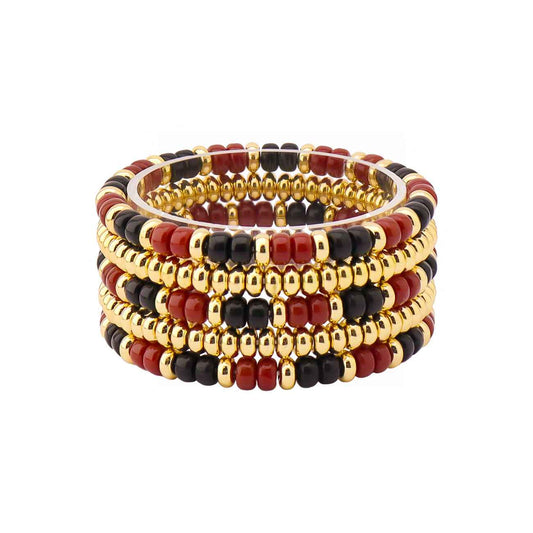 Maroon and Black Beaded with Gold Set of 4 Stretch Bracelets