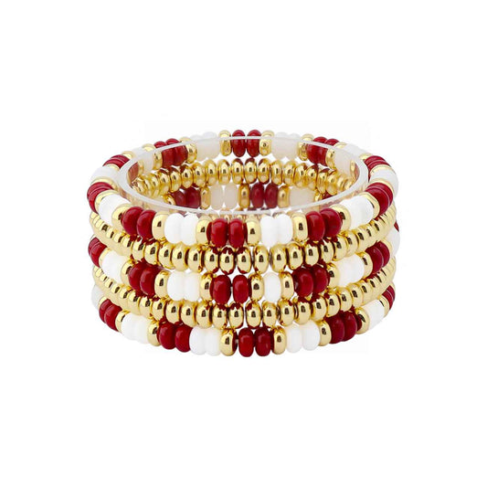 Maroon and White Beaded with Gold Set of 4 Stretch Bracelets