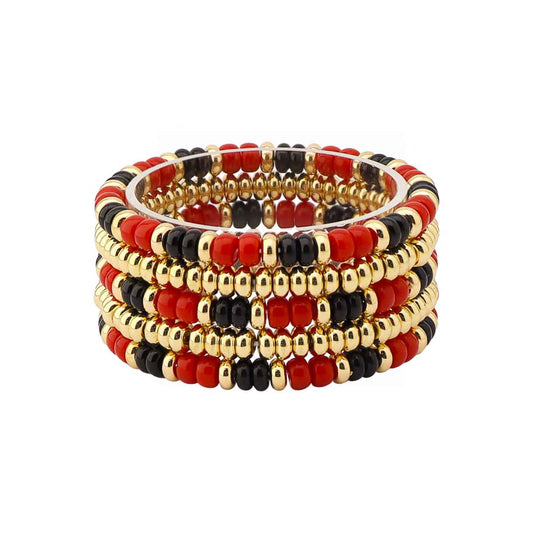 Red and Black Beaded with Gold Set of 4 Stretch Bracelets