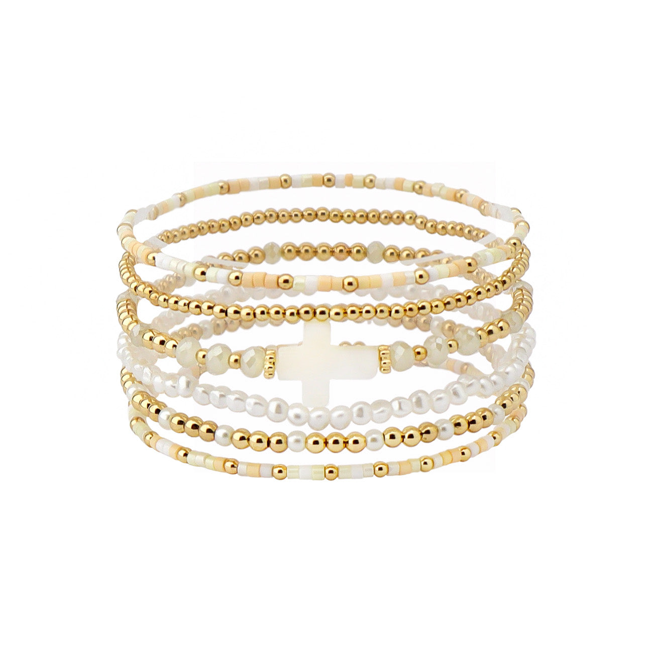 Set of 5 Gold Beaded with Natural Seed Bead and White Cross Stretch Bracelets