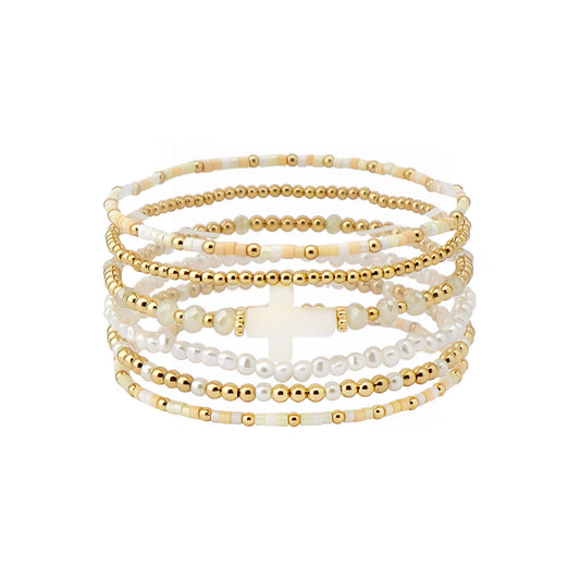 Set of 5 Gold Beaded with Natural Seed Bead and White Cross Stretch Bracelets