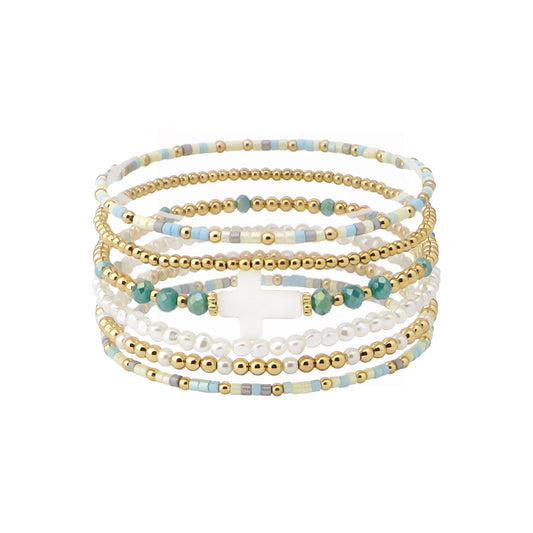 Set of 5 Gold Beaded with Turquoise Seed Bead and White Cross Stretch Bracelets
