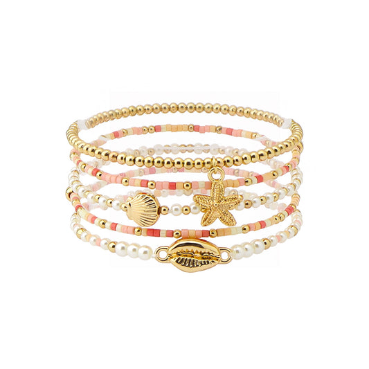 Set of 5 Gold and Pink Seed Bead with Gold Sealife Accents Stretch Bracelet