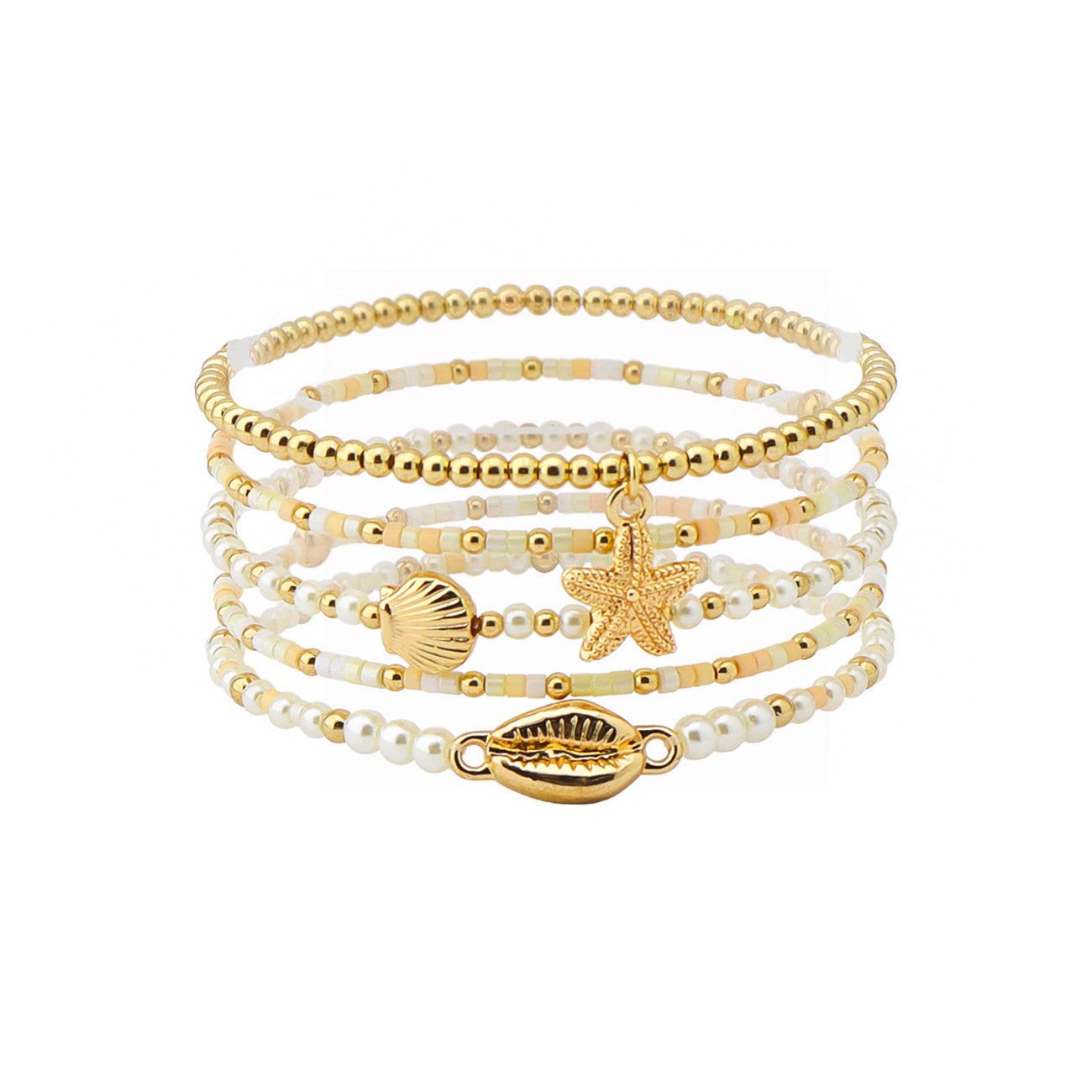 Set of 5 Gold and Natural Seed Bead with Gold Sealife Accents Stretch Bracelet