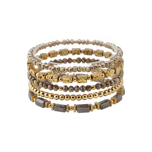 Brown Crystal and Gold Set of 5 Stretch Bracelets