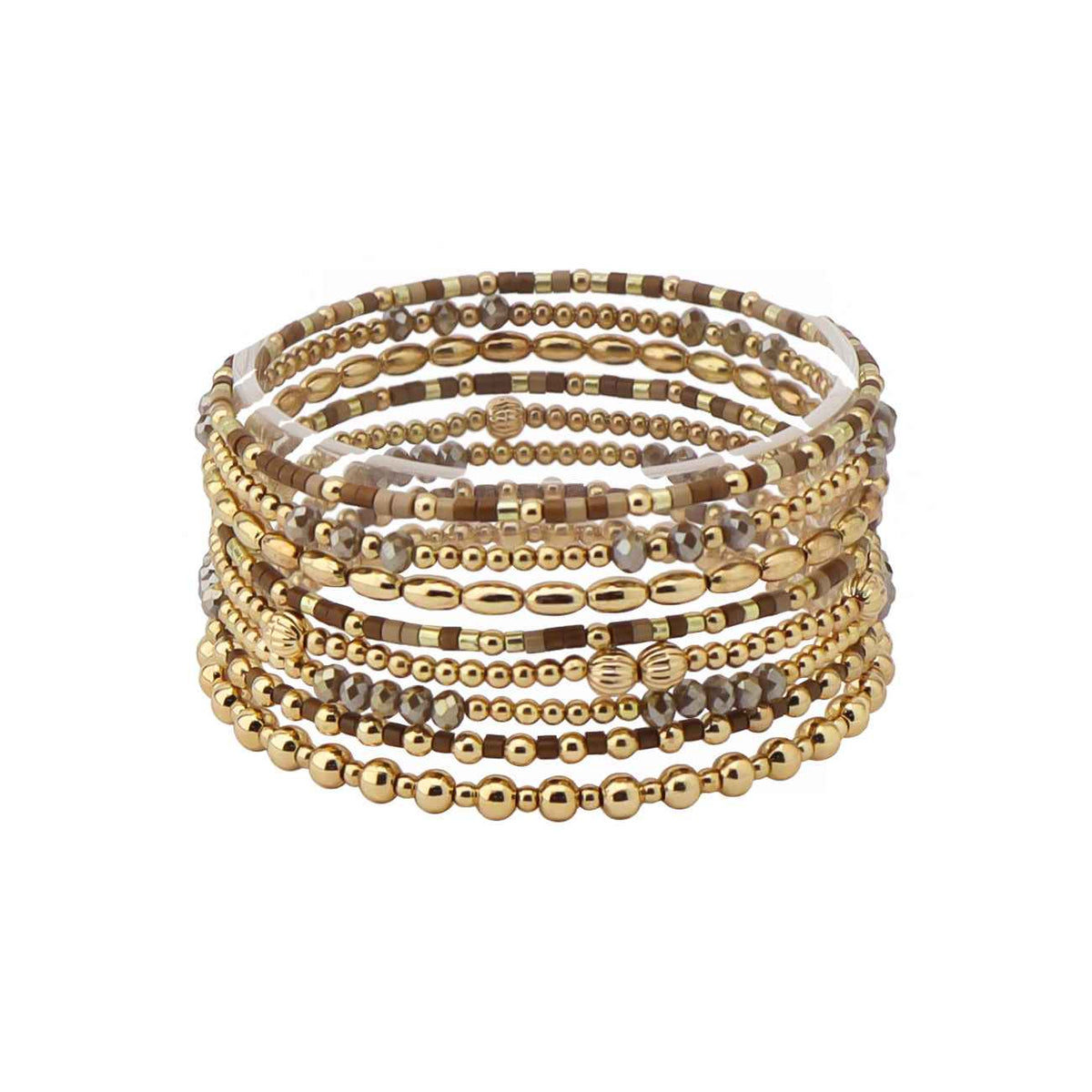 Brown Sead Bead and Gold Beaded Set of 9 Stretch Bracelet