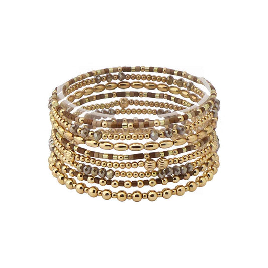 Brown Sead Bead and Gold Beaded Set of 9 Stretch Bracelet