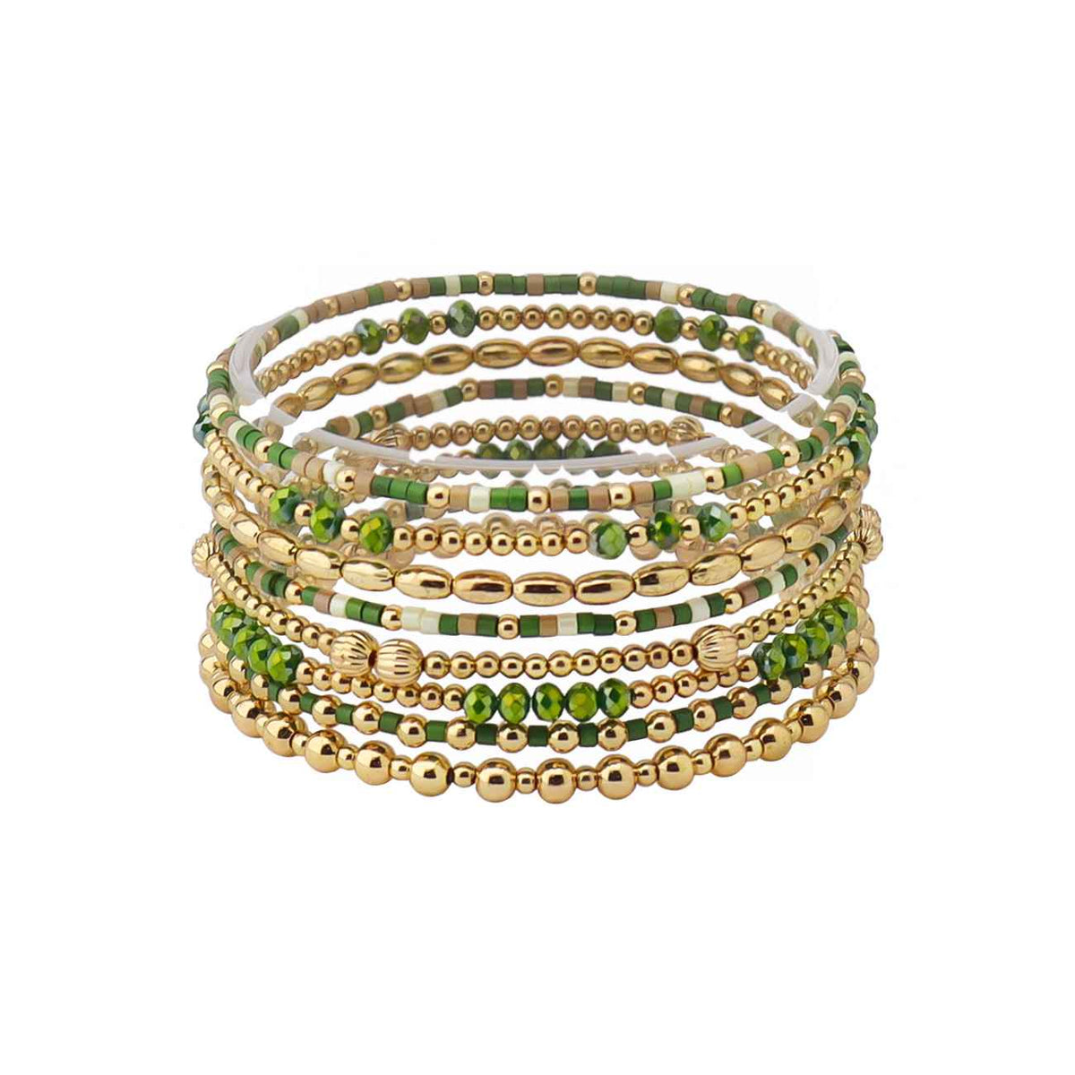 Green Sead Bead and Gold Beaded Set of 9 Stretch Bracelet