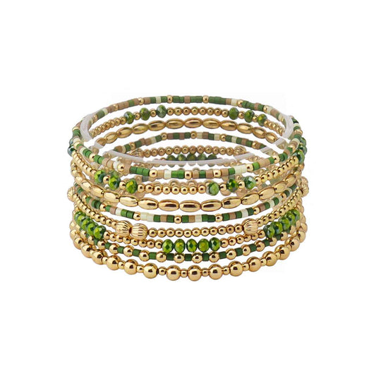 Green Sead Bead and Gold Beaded Set of 9 Stretch Bracelet