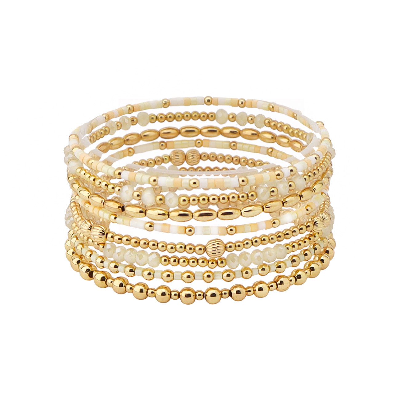 Set of 8 Natural Seed Bead & Crystal and Gold Stretch Bracelet