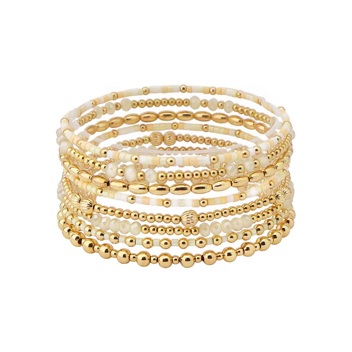 Natural Sead Bead and Gold Beaded Set of 9 Stretch Bracelet