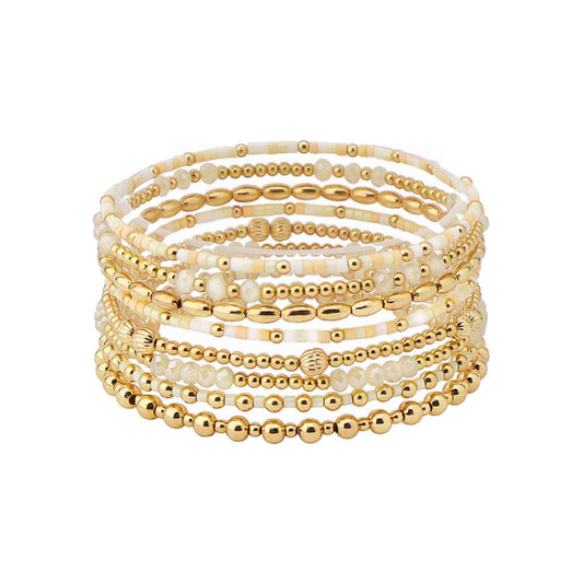 Natural Sead Bead and Gold Beaded Set of 9 Stretch Bracelet