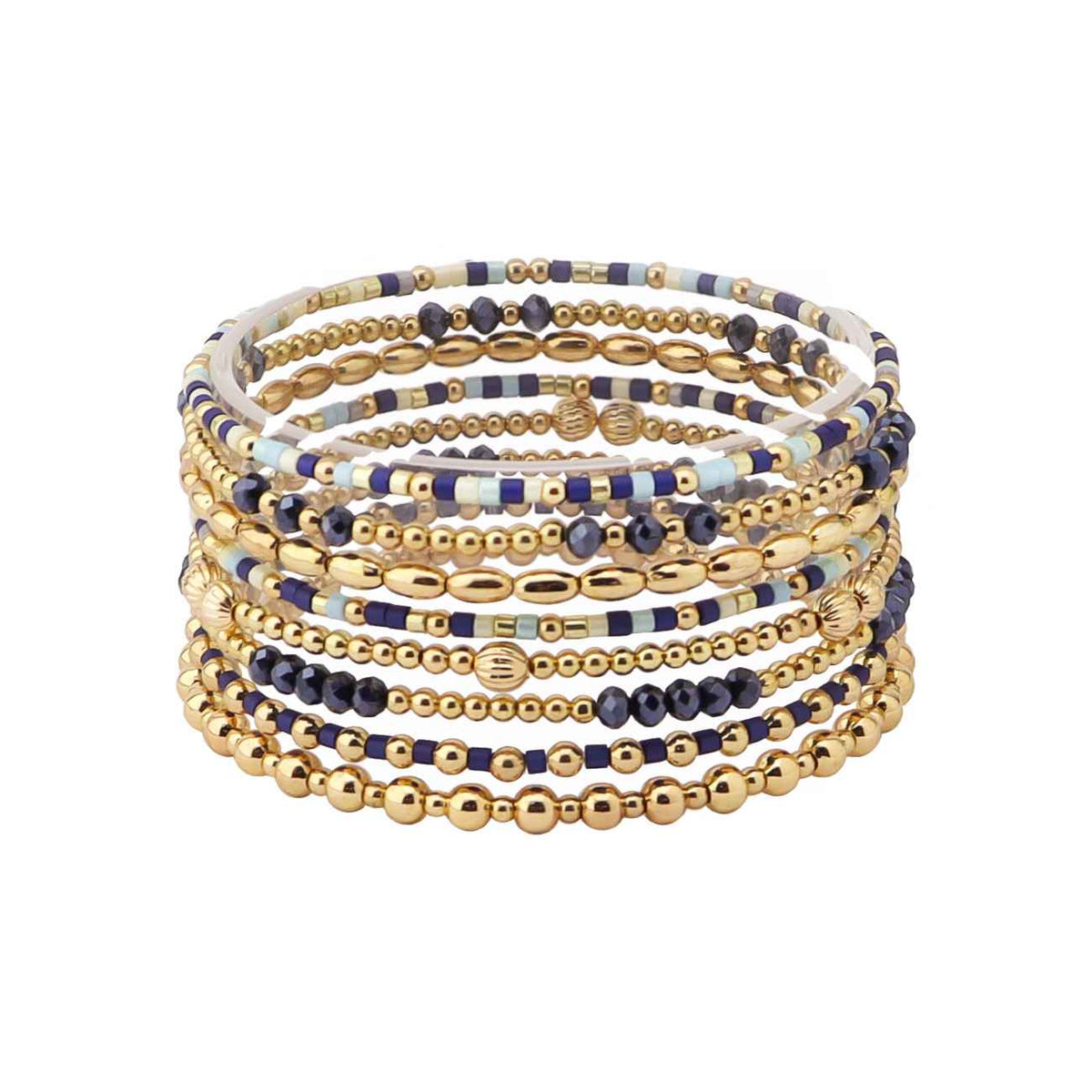 Navy Sead Bead and Gold Beaded Set of 9 Stretch Bracelet