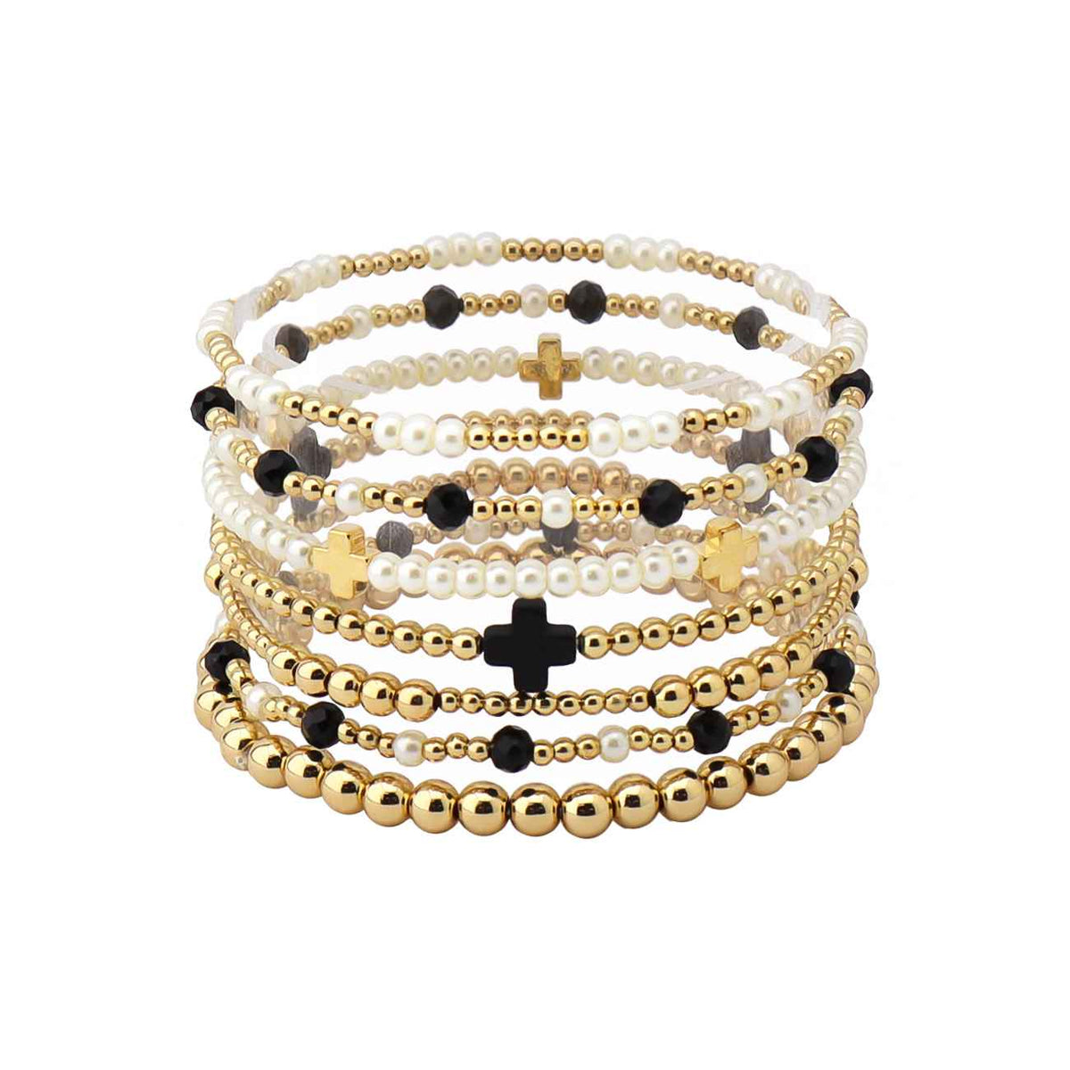 Gold Beaded with Pearl and Black Beaded Set of 7 Stretch Braclets