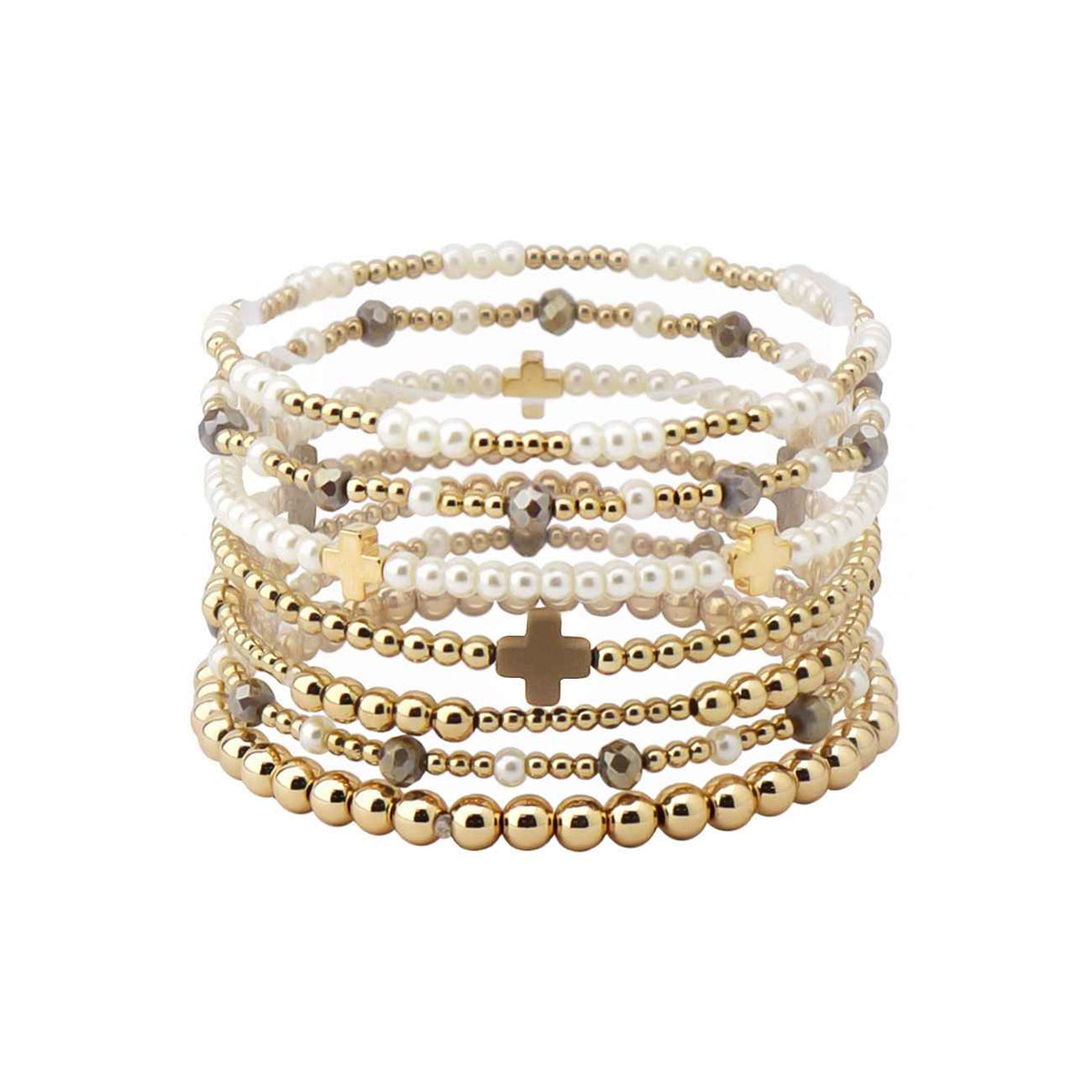 Gold Beaded with Pearl and Brown Beaded Set of 7 Stretch Bracelets