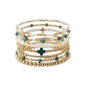 Gold Beaded with Pearl and Green Beaded Set of 7 Stretch Bracelets