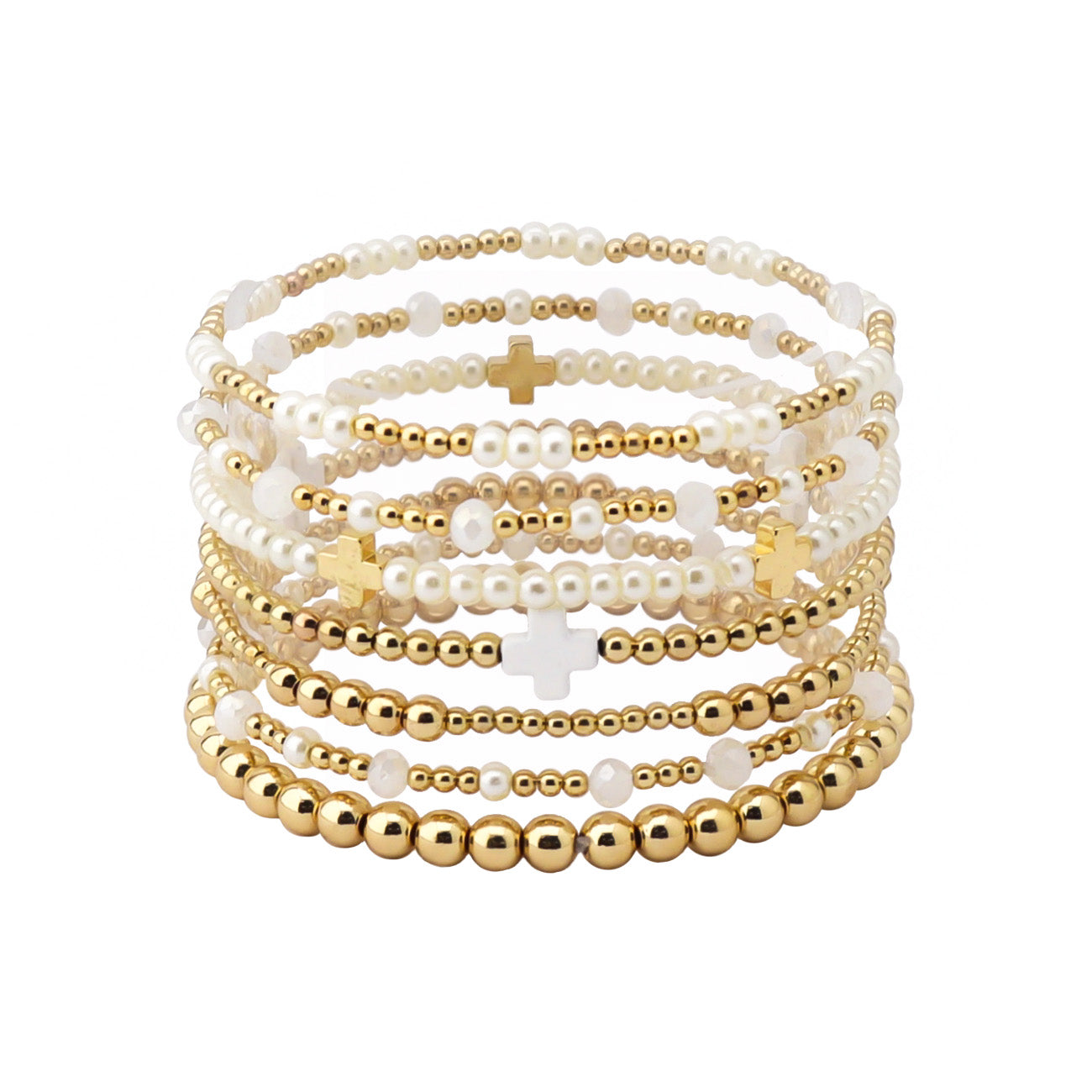 Set of 7 Pearl and Gold with White Cross Stretch Bracelet