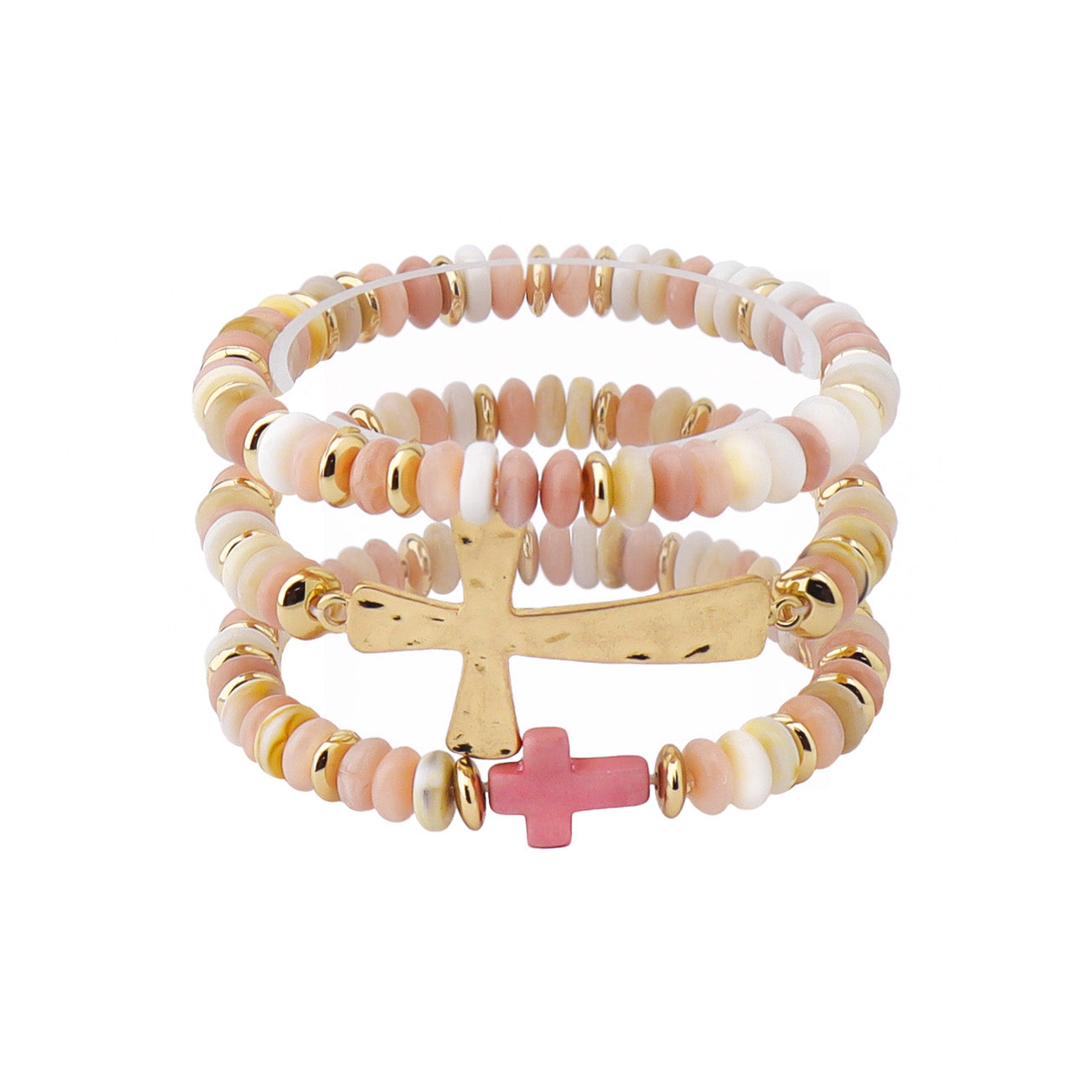 Pink Beaded and Gold with Gold Cross Stretch Bracelet Set
