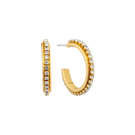 Gold Thin Hoop 1" Rhinestone Earring