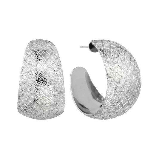 Silver Diamond Textured Open Hoop 1" Earring