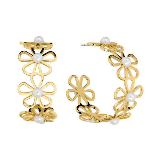 Gold Open Flower with Pearl 1.25" Hoop Earring