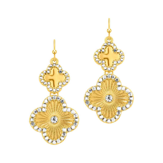 Gold Double Clover with Rhinestone 1" Drop Earring