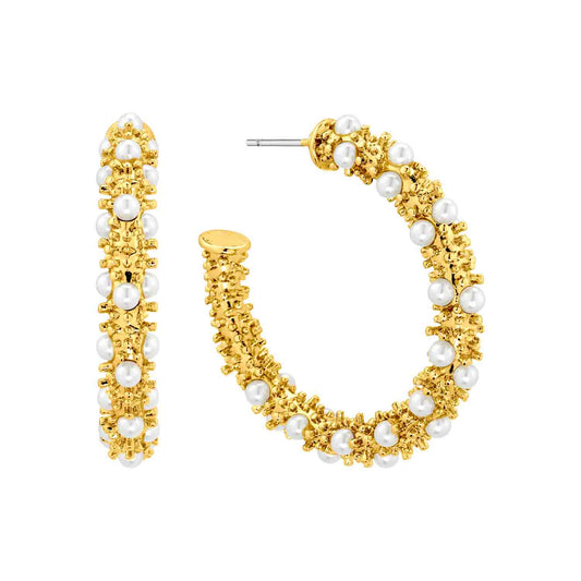 Gold Textured Earring with Pearl Studs 1.25" Hoop Earring